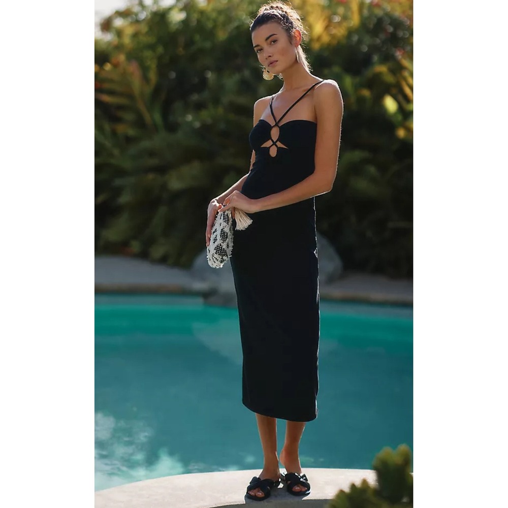 NWT L*Space Ellery Halter Cutout Black Dress XS Ribbed Bodycon Midi Sleeveless